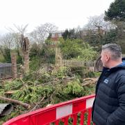 TERRIBLE: Adam Giagnotti, owner of the Olive Branch, surveys what remains of his garden after the retaining collapsed into Reservoir Lane below