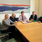 L to R: Oxfordshire County Council leader Liz Leffman, Harriett Baldwin MP, transport minister Huw Merriman, Robert Courts MP, Lord Faulkner of Worcester, and Worcestershire County Councillor Mike Rouse