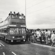 Everybody on the bus. Councillor Ron Carrington (centre top deck) and others take the first vehicle along Worcester’s Southern Link road in April 1985
