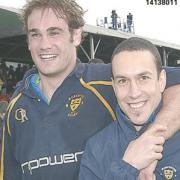 Drew Hickey and Werner Swanepoel are all smiles after Worcester Warriors sealed promotion to the Premiership