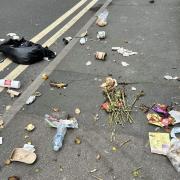MESS: The rubbish strewn all over Pierpoint Street in Worcester after it is suspected gulls attacked the bins