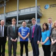 MINISTER: Mick Donovan, from the University of Worcester with Robin Walker, student Marius Adam, minister Greg Clark, student Sammi Bean, Professor David Green, the vice-chancellor and Professor Sarah Greer, pro vice-chancellor academic