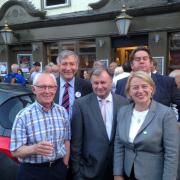 DEBATE: The debating panel at Worcester's Cap 'N' Gown last night - clockwide from the front Lawrence Brewer, pub landlord Ted Marshall, Green Party leader Natalie Bennett, Richard Ford, Bill Good.