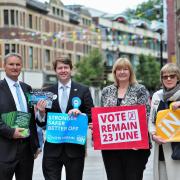 TEAMING UP: Green Councillor Louis Stephen, Tory MP Robin Walker, the city council's deputy leader Labour Councillor Joy Squires, and Lib Dem Councillor Sue Askin down Worcester High Street. Pictures by Jonathan Barry.