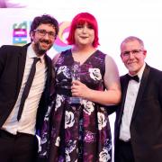 AWARD: Ceremony host Mark Watson with award winner Ellie Harrison and Phil Arch, from Morgan Motors.