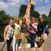 HEN: A hen party pose with the giraffes