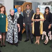 Pictured are (from left) Mariet Verhoef, Florina Buta from Romania, Ingrid Blaauw and Ineke Van Hofwegen from SI Zwolle from the Netherlands, Jabba Riaz, president SI Worcester and district Anne McLucas, mayoress Sajeeda Begum and Daniela Andrica from