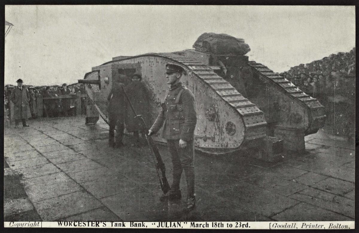 One of the early tanks, a weapon invented in the First World War seen in Gheluvelt Park being used in War Savings drive.  Picture courtesy Worcestershire Archives and Archaeology Service