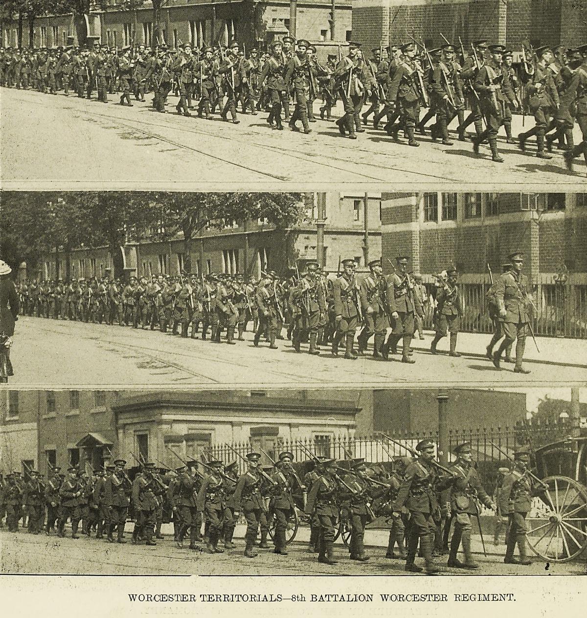 Worcester Territorials - Worcestershire Regiment's 8th Battalion, marching through the city. Picture from the Berrows Journal, courtesy of 'Worcestershire Archives and Archaeology Services'.