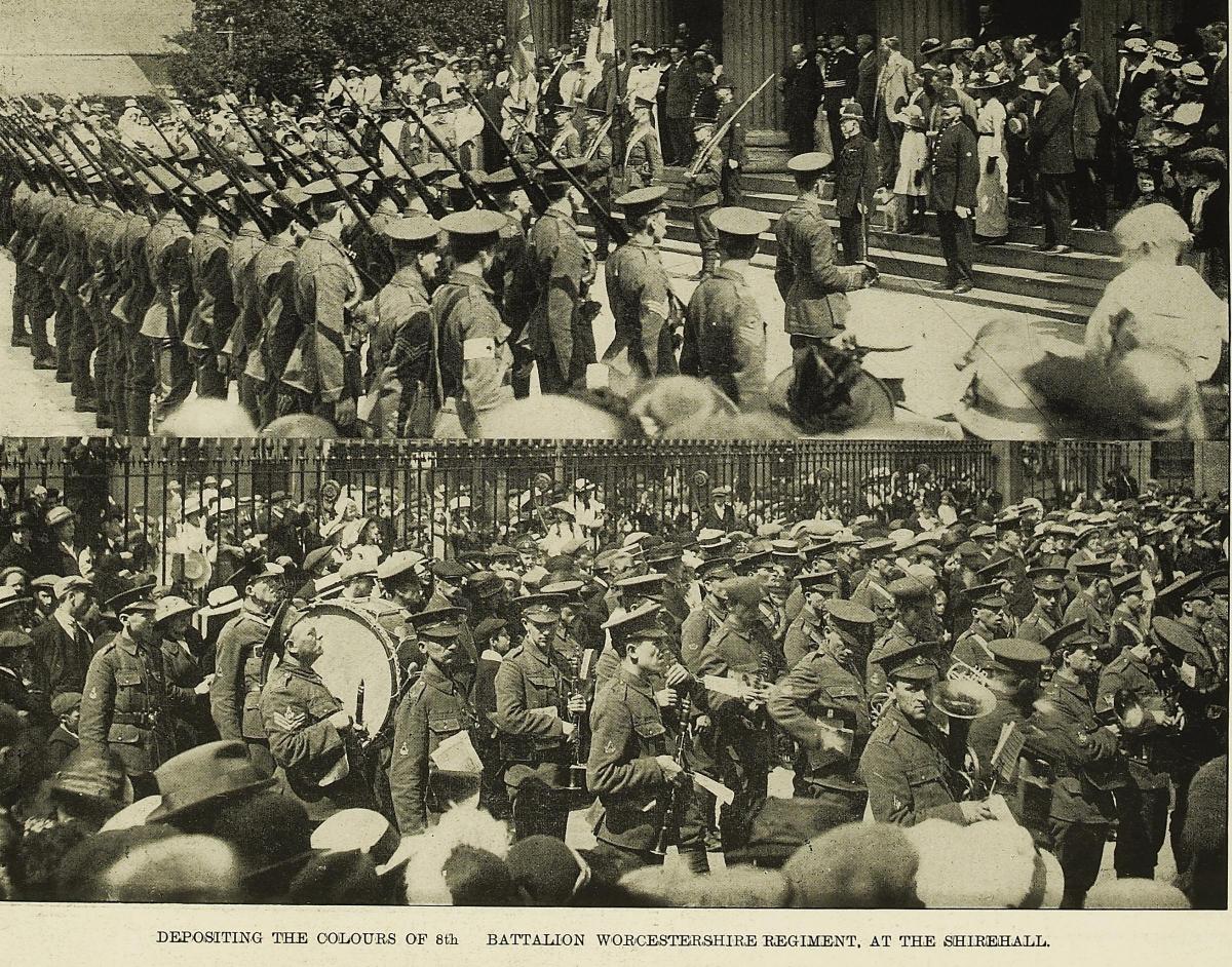 8th Battalion depositing its colours at the Shire Hall at the outbreak of war, picture from the Berrows Journal, courtesy of 'Worcestershire Archives and Archaeology Services'.