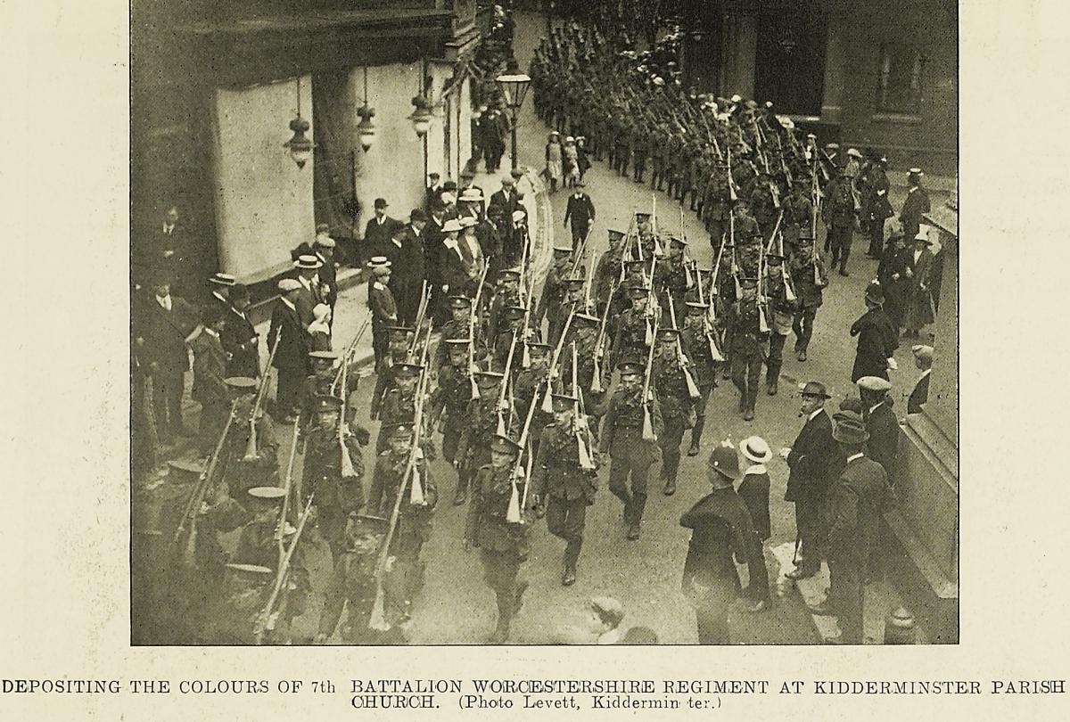 On the way to war: Depositing the colours of the 7th Battalion at Kidderminster Parish Church, August 1914. Picture from Berrows Journal, courtesy of Worcestershire Archives and Archaeology Services.