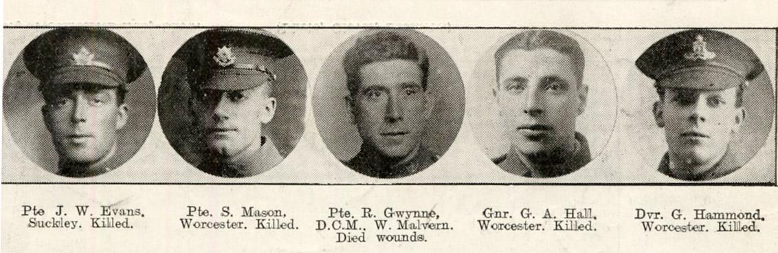 Soldiers killed in action and pictured in the Berrows Roll of Honour. L - R: Pte J W Evans, Suckley; Pte S Mason, Worcester; Pte R Gwynne, DCM, W Malvern; Gunner G A Hall, Worcester; Driver G Hammond, Worcester.
