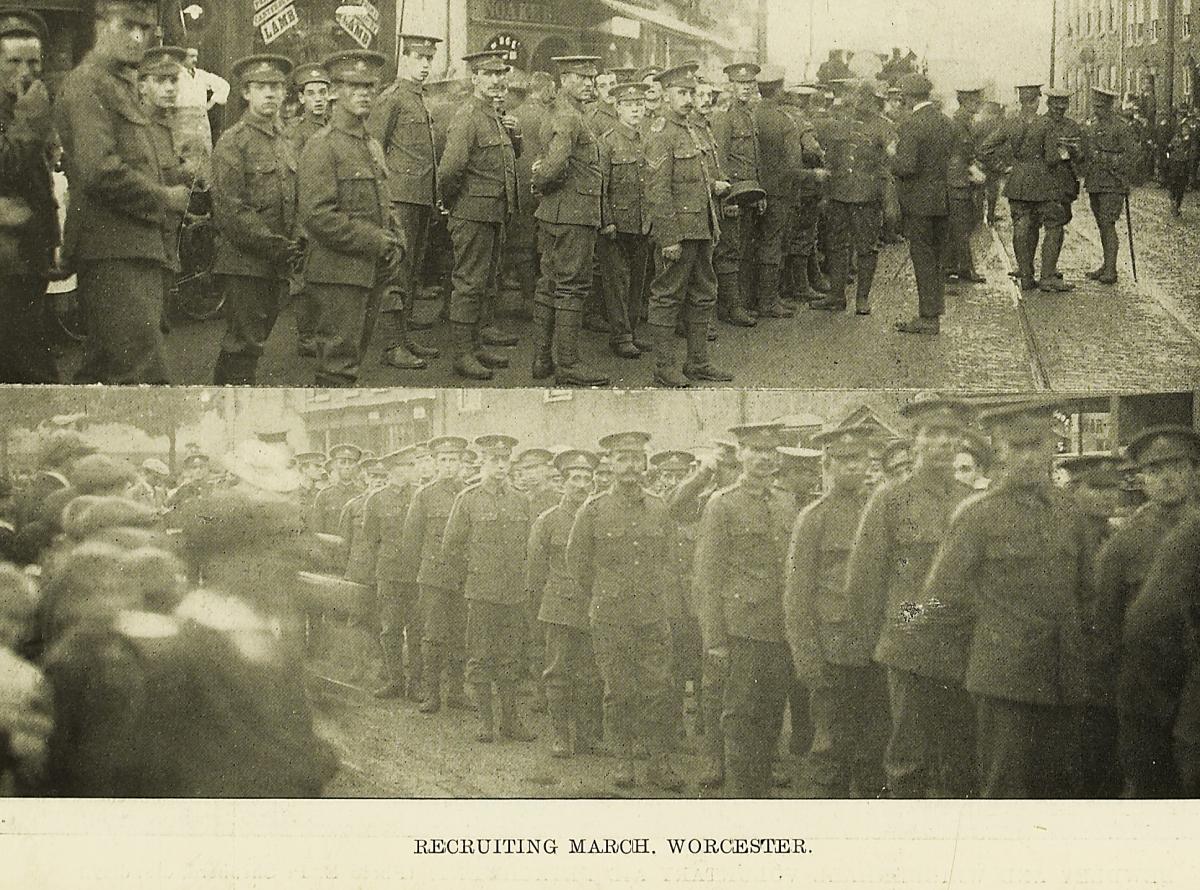 A recruiting march through Worcester in August 1914. Picture from the Berrows Journal courtesy of the Worcestershire Archives and Archaeology Service