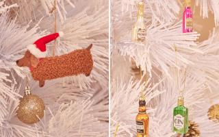 See PrettyLittleThing's new Christmas bauble collection - including the Daschund and alcoholic gin, whisky and rum bauble set.
