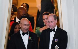 The Duke and Duchess of Cambridge arrive for a dinner hosted by Patrick Allen, Governor General of Jamaica, at King's House, Kingston, Jamaica, on day five of the royal tour of the Caribbean on behalf of the Queen to mark her Platinum Jubilee. (PA)