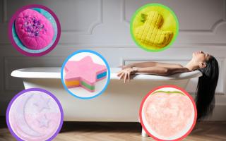 (Background) A woman in a bath. (Canva) (Circles) Bath bombs from Lush and Claire's (Lush and Claire's)