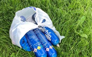 FOUND: Laughing gas (Entonox) canisters found in Warndon, Worcester by litter pickers in Edgeworth Close, near Oasis Academy