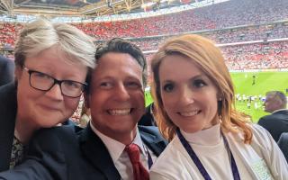 Mid Worcestershire MP Nigel Huddleston celebrates England's 2-1 win over Germany in the Women's Euro final with Spice Girl Geri Horner and work and pensions secretary Therese Coffey
