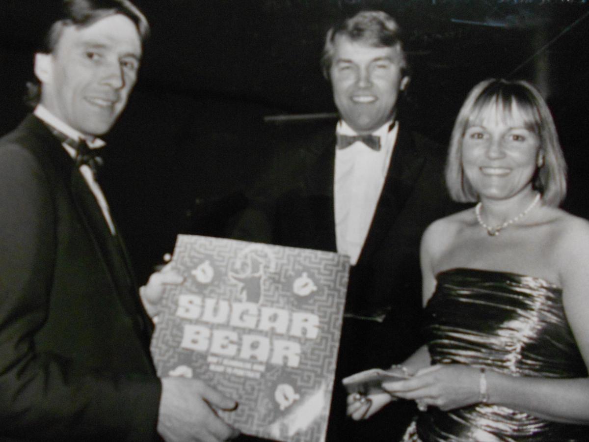 Former jockey Peter Scudamore with 'new' Tramps owners Derek and Cheryl Holder in December 1989